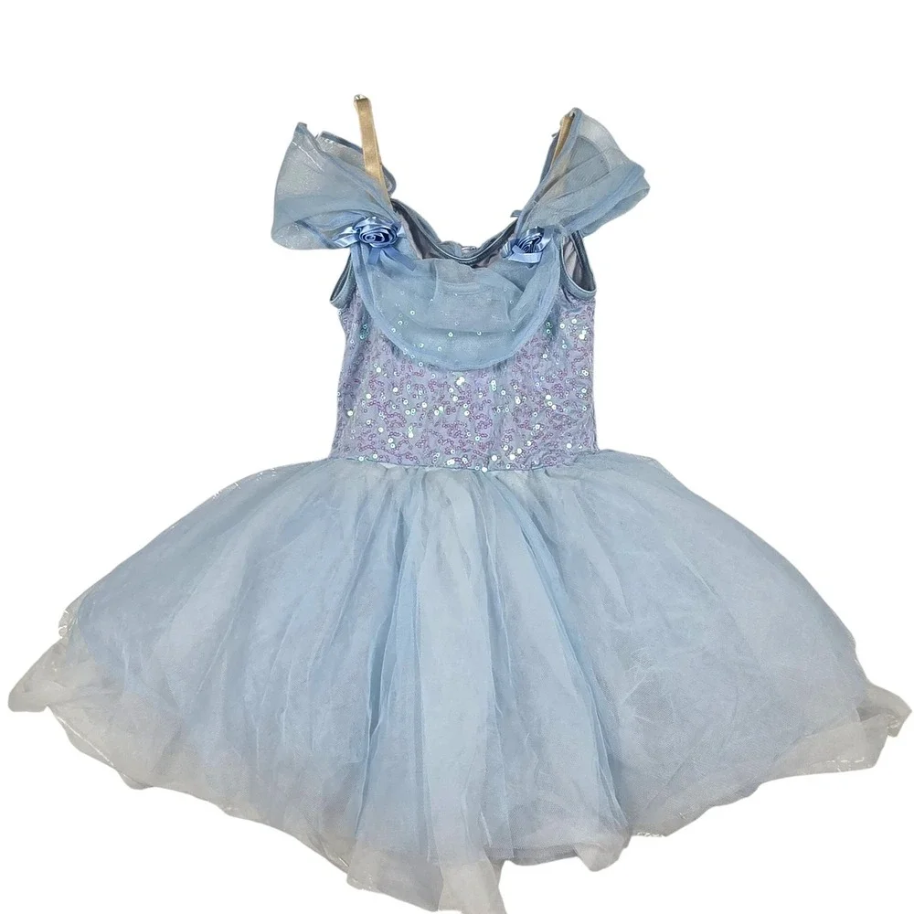 Girls Blue Sequin Tutu Ballet Dress Princess Costume with Butterfly Hair Bow